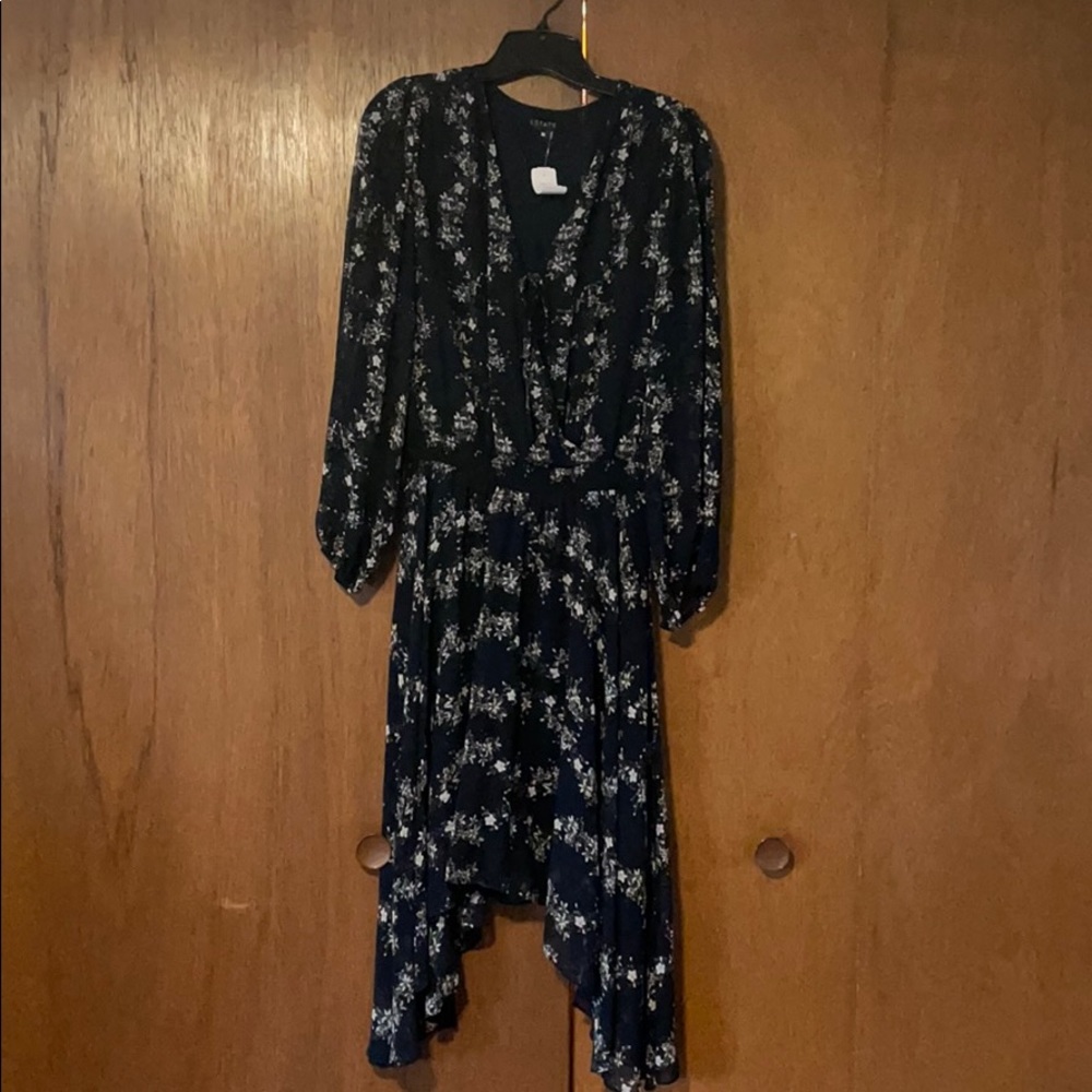1. state navy floral dress with sheer 3/4 sleeves